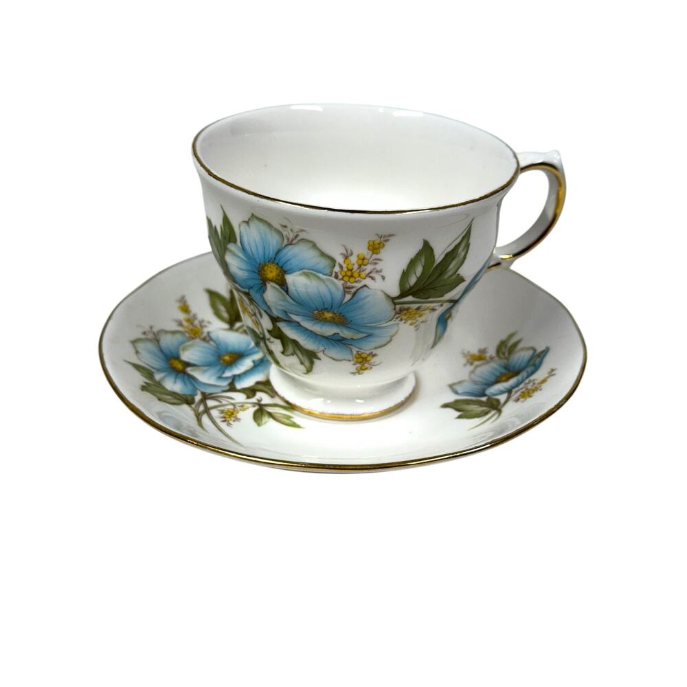 Vintage Queen Anne Bone China Porcelain Cup &‎ Saucer with Blue Floral #8618